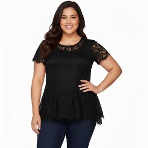 NWOT Isaac Mizrahi Black Lace Summer Blouse peplum top with shark bite bottom